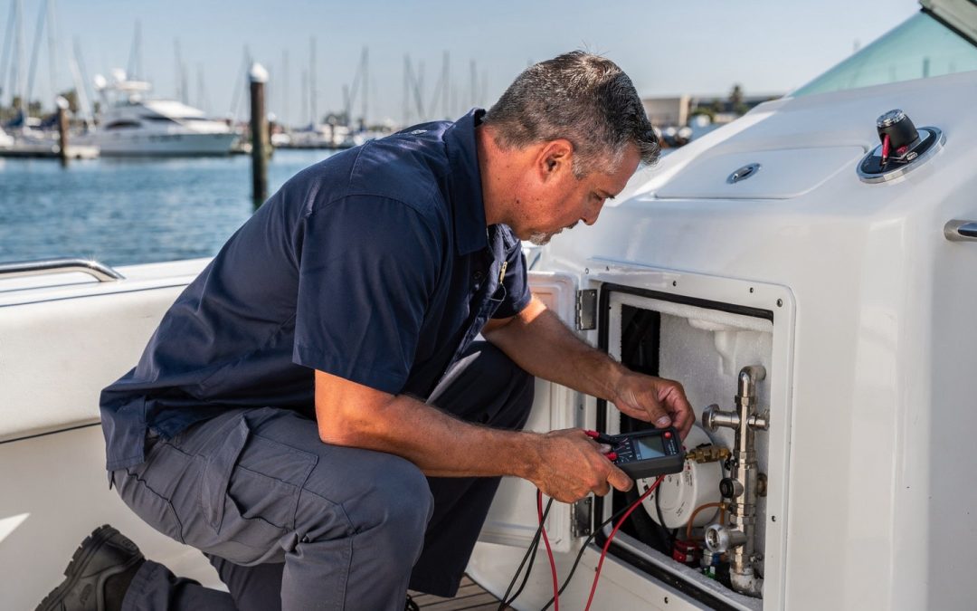 Marine technician diagnosing a boat refrigerator not cooling at a San Diego marina