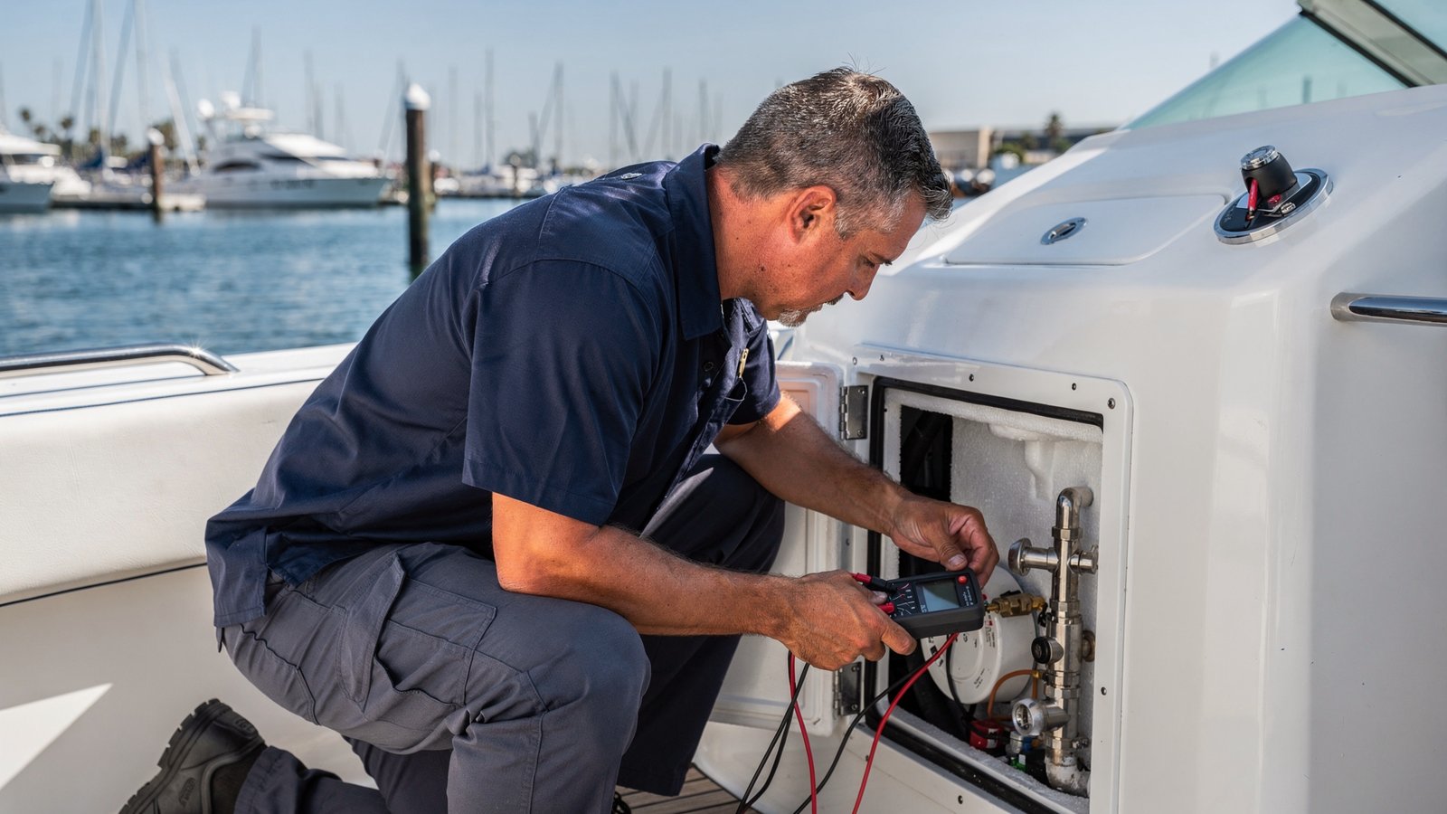 Marine technician diagnosing a boat refrigerator not cooling at a San Diego marina