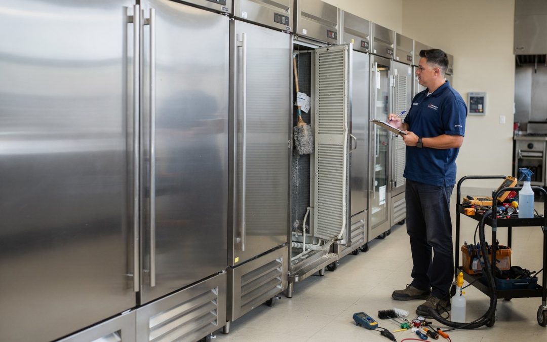 Technician performing commercial refrigeration preventive maintenance in a San Diego kitchen