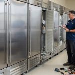 Technician performing commercial refrigeration preventive maintenance in a San Diego kitchen