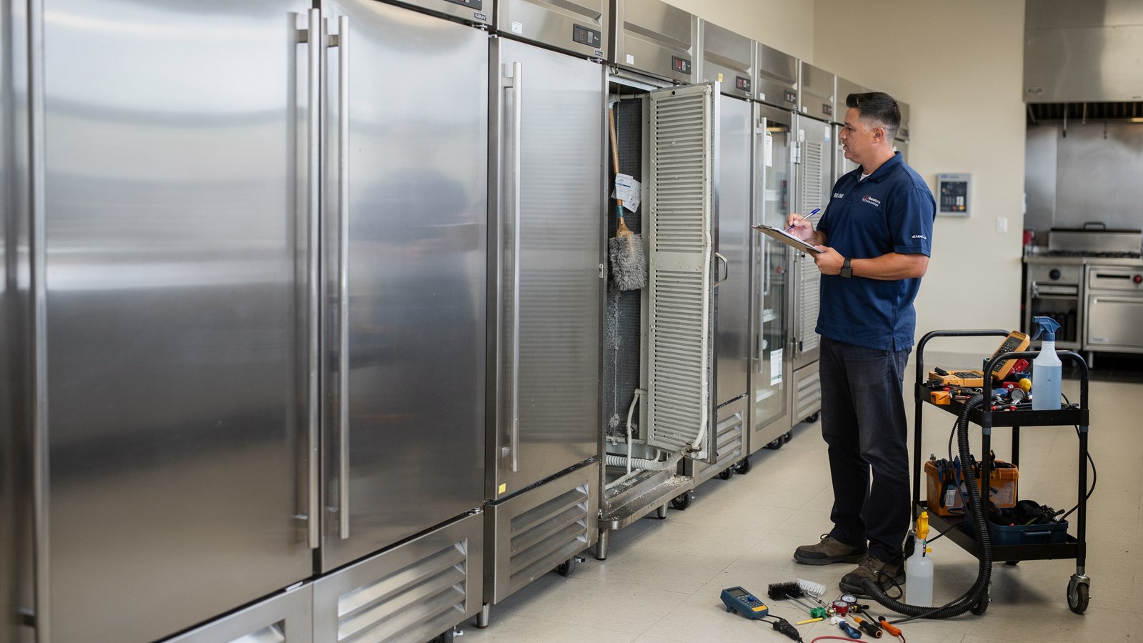 Technician performing commercial refrigeration preventive maintenance in a San Diego kitchen
