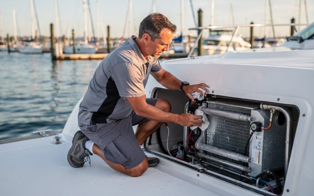Marine technician performing seasonal refrigeration maintenance on a boat in San Diego