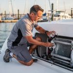 Marine technician performing seasonal refrigeration maintenance on a boat in San Diego