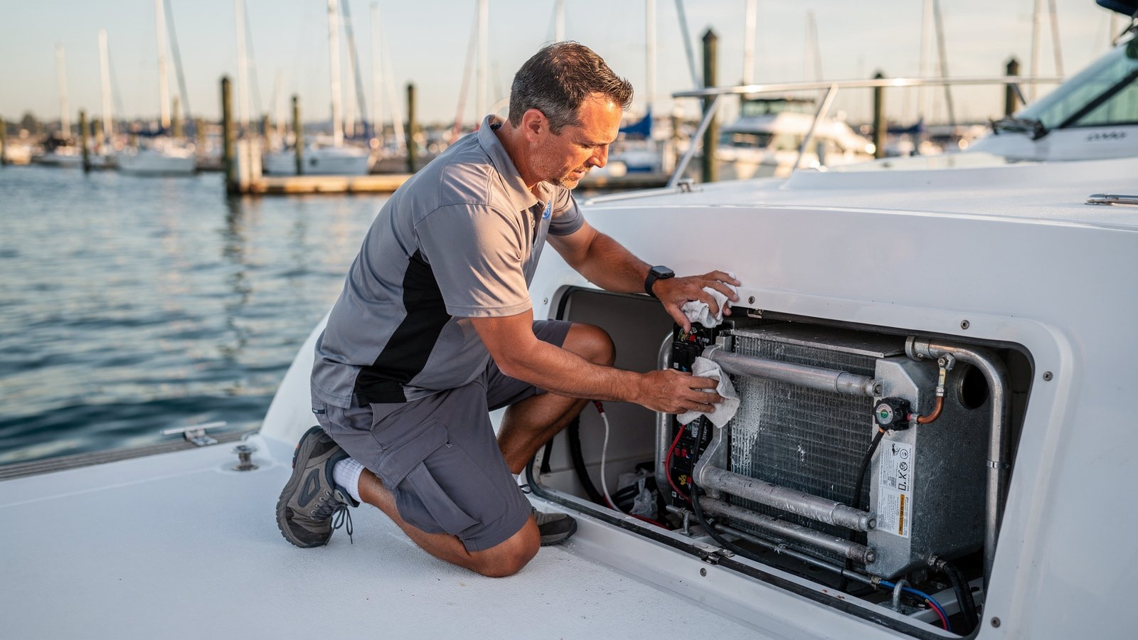 Marine technician performing seasonal refrigeration maintenance on a boat in San Diego