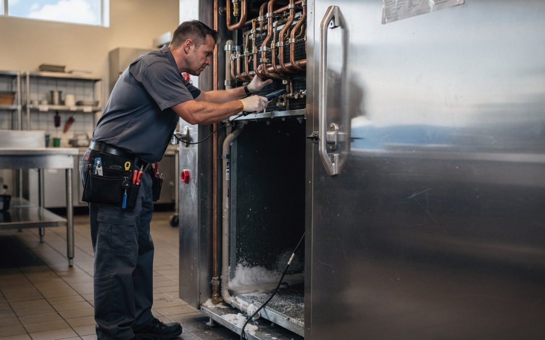 Technician inspecting a walk-in cooler condenser during a San Diego repair visit
