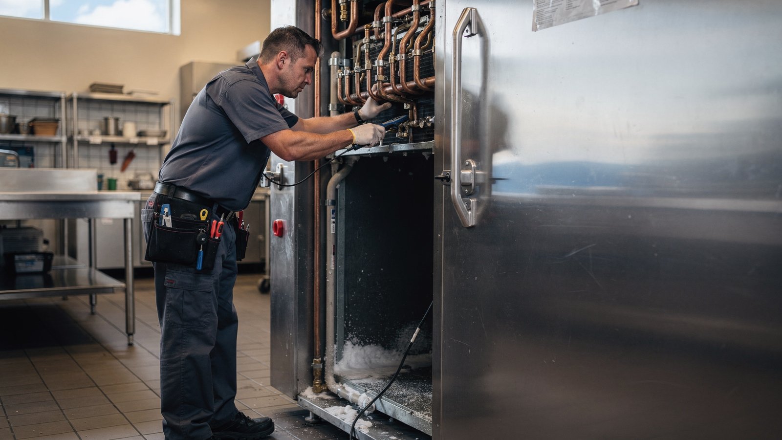 Technician inspecting a walk-in cooler condenser during a San Diego repair visit