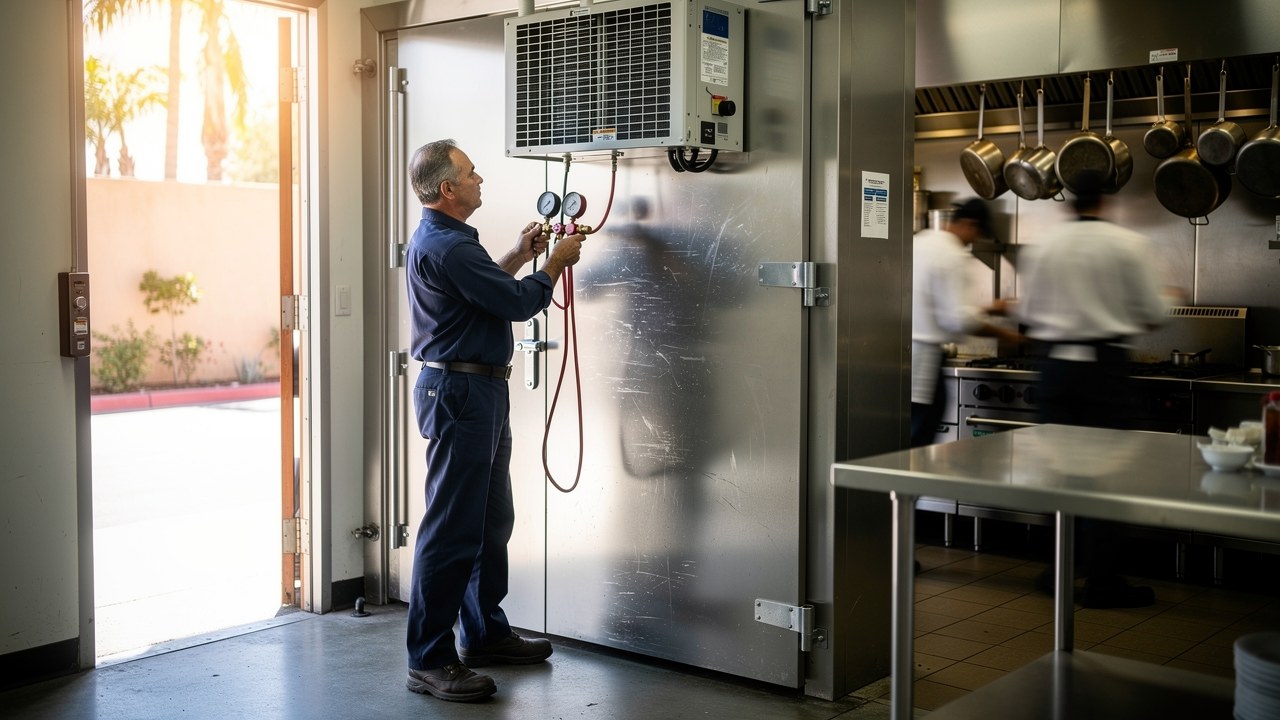Technician performing commercial refrigeration repair in a Chula Vista restaurant walk-in cooler