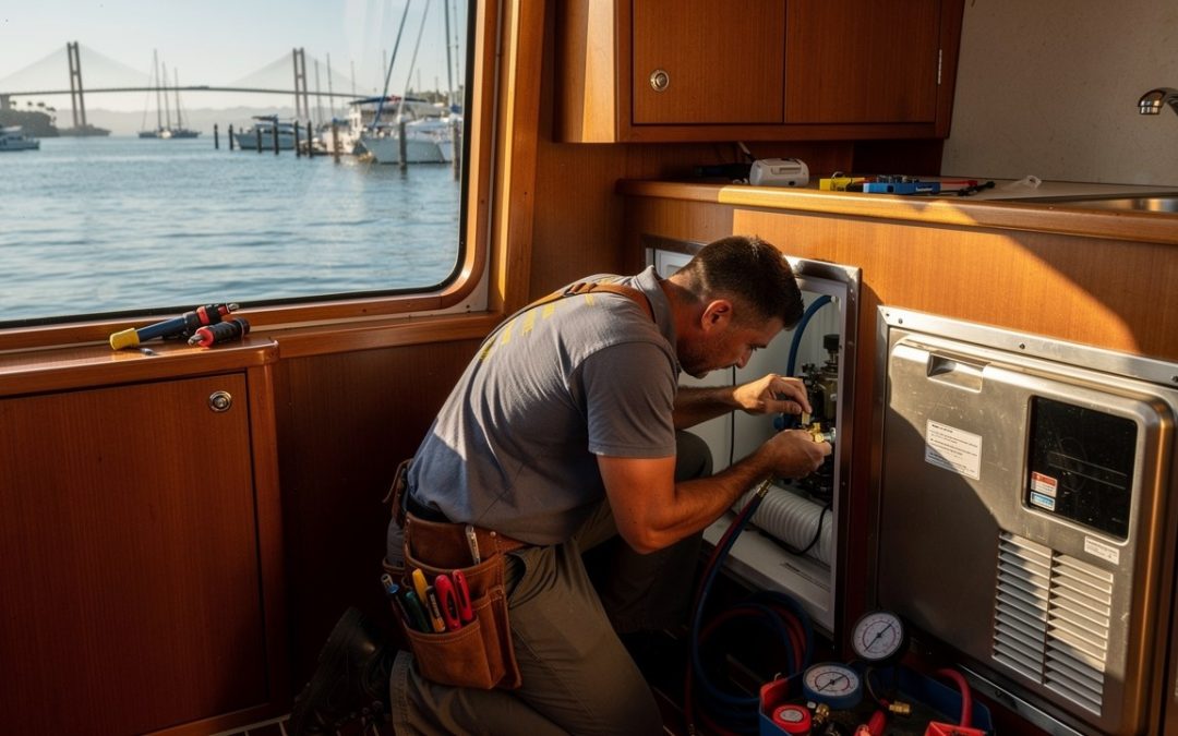 Marine refrigeration specialist servicing a boat fridge and AC at a Coronado Glorietta Bay marina