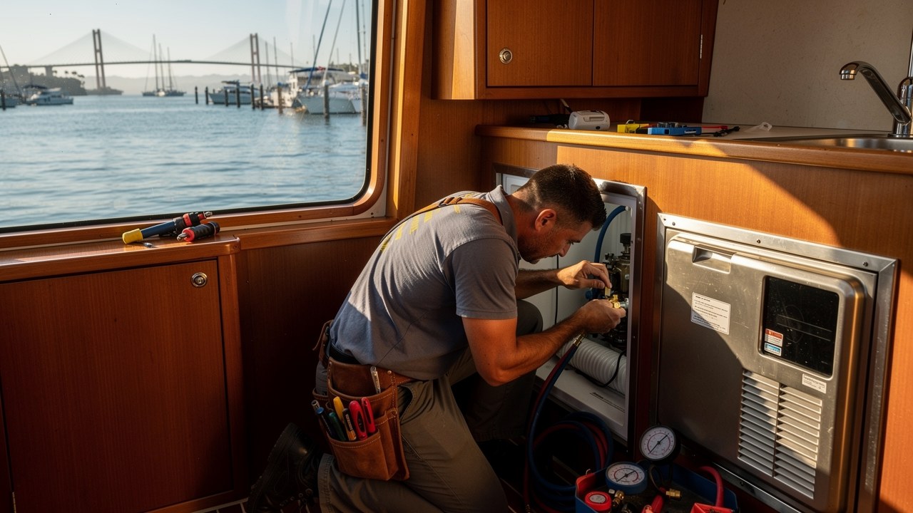 Marine refrigeration specialist servicing a boat fridge and AC at a Coronado Glorietta Bay marina