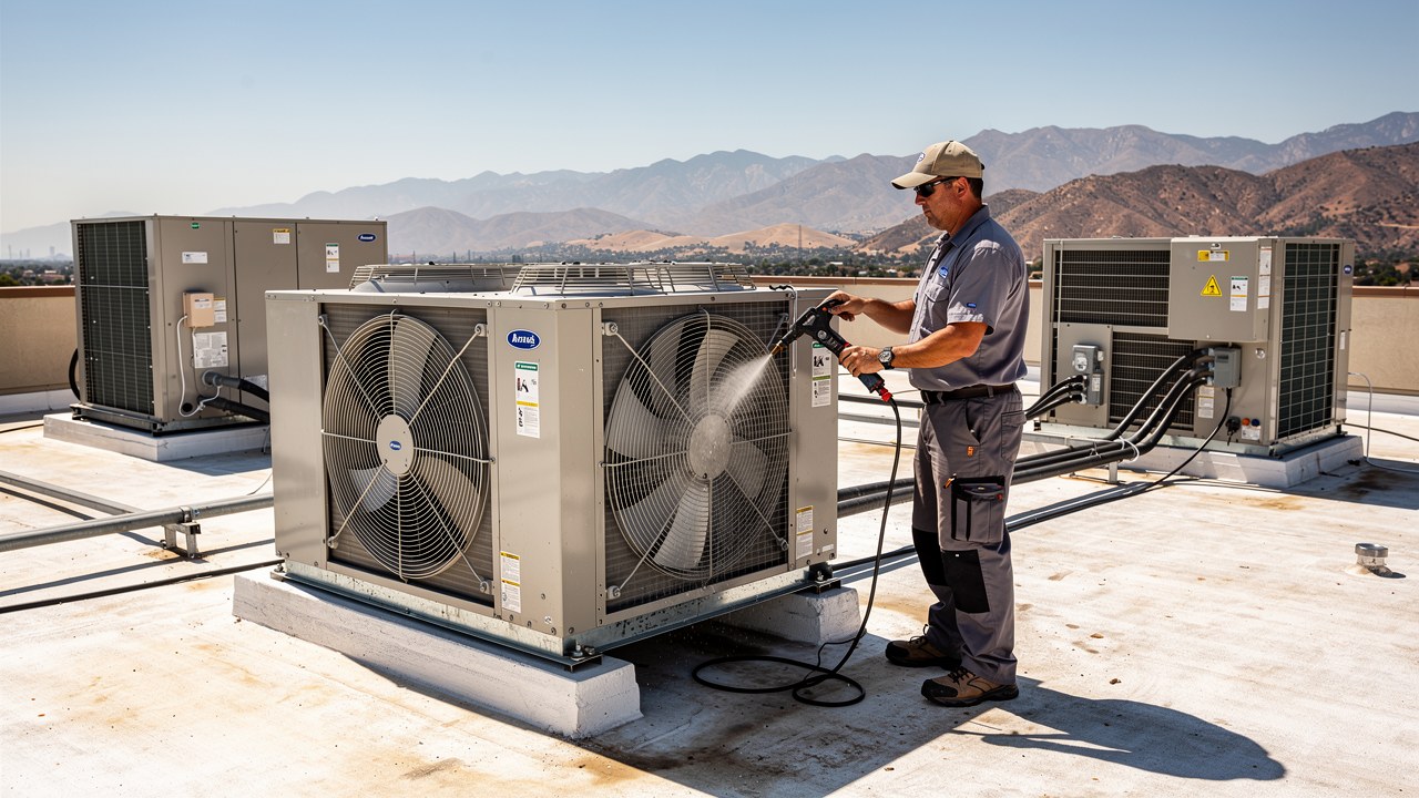 Technician cleaning a walk-in cooler condenser on an El Cajon rooftop in inland heat