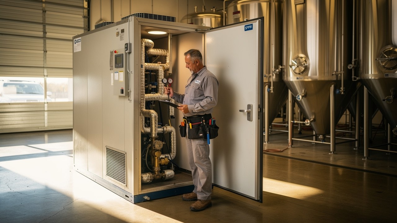 Technician performing scheduled refrigeration maintenance at an Escondido brewery walk-in cooler