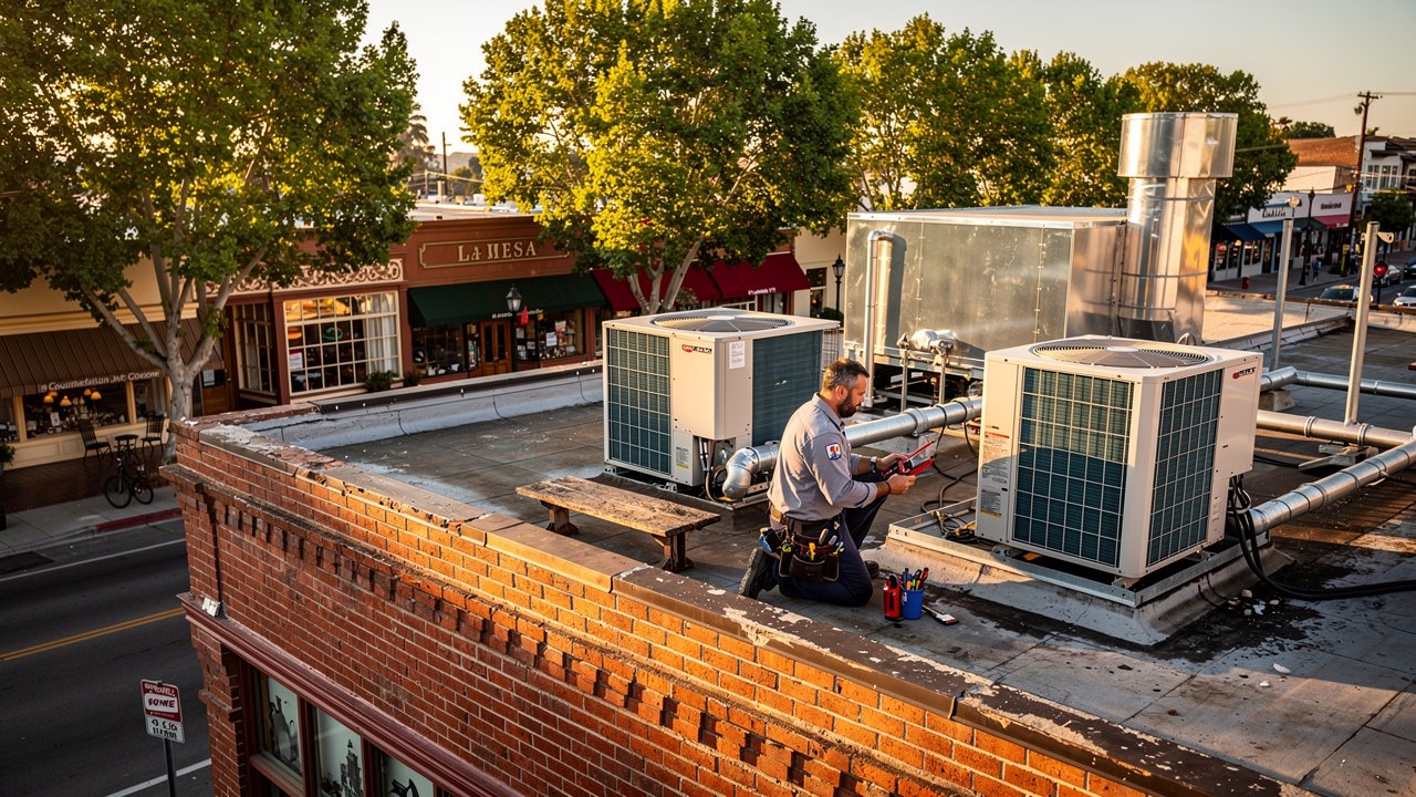 Technician servicing rooftop commercial AC and refrigeration on an older La Mesa Village building