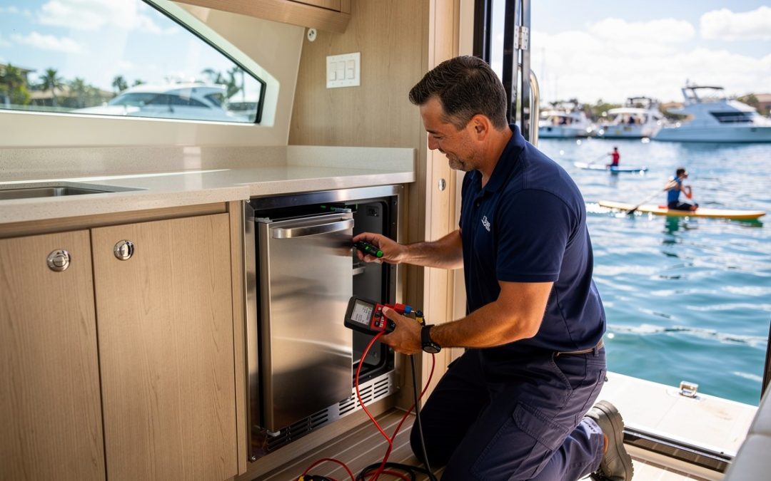 Marine specialist servicing a boat refrigerator in a powerboat galley at a Mission Bay marina