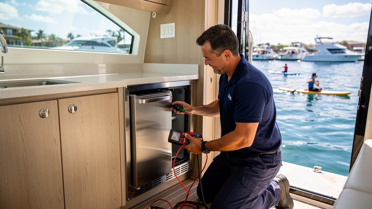 Marine specialist servicing a boat refrigerator in a powerboat galley at a Mission Bay marina