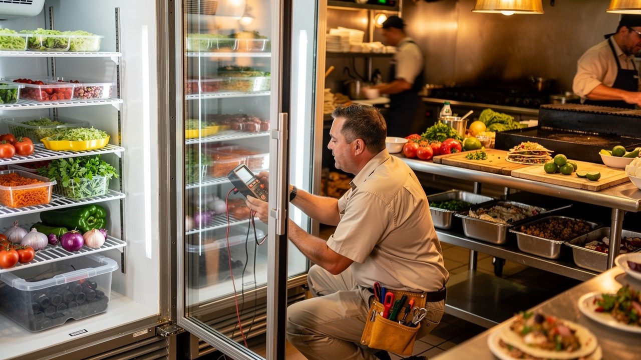 Restaurant refrigeration repair on a reach-in cooler in a National City taqueria kitchen
