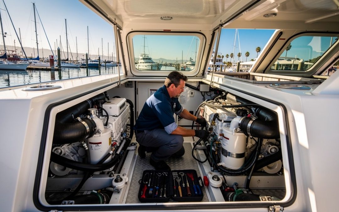 Marine technician repairing boat AC compressor at the Shelter Island yacht basin in San Diego