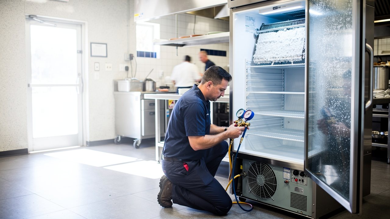 Refrigeration technician servicing a stainless reach-in refrigerator in a San Diego commercial kitchen