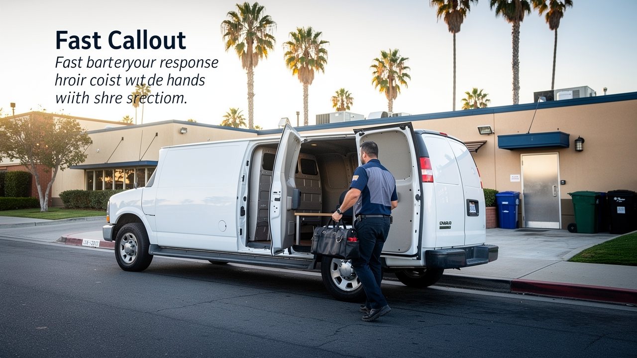 Coast 2 Coast service van and technician arriving for an emergency refrigeration repair in San Diego