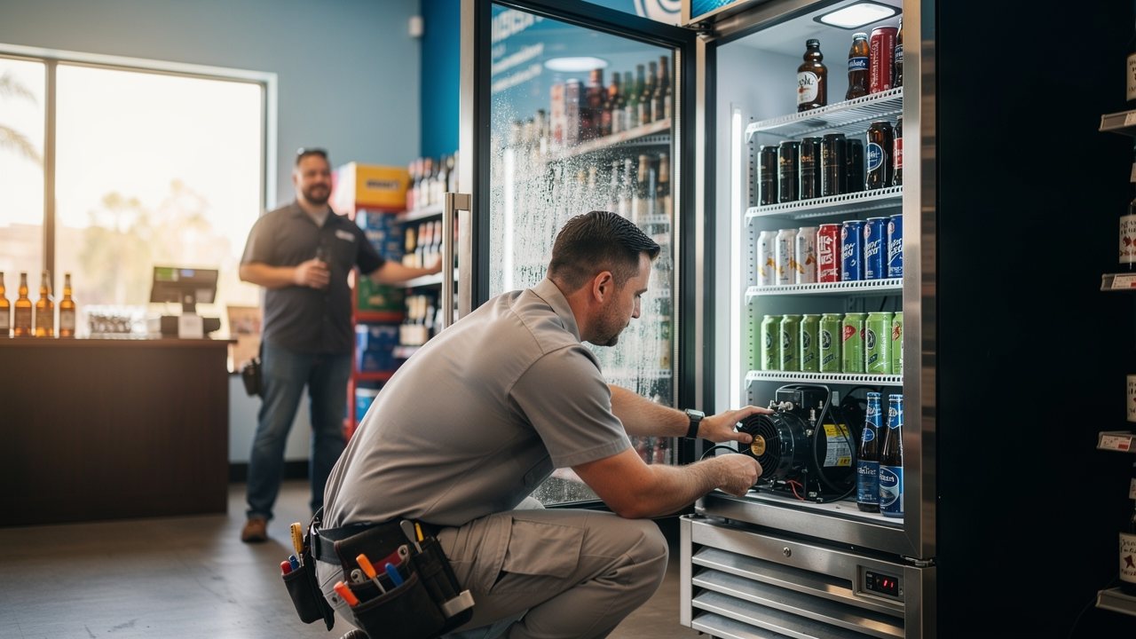 Technician repairing a glass-door beverage cooler compressor in a San Diego liquor store