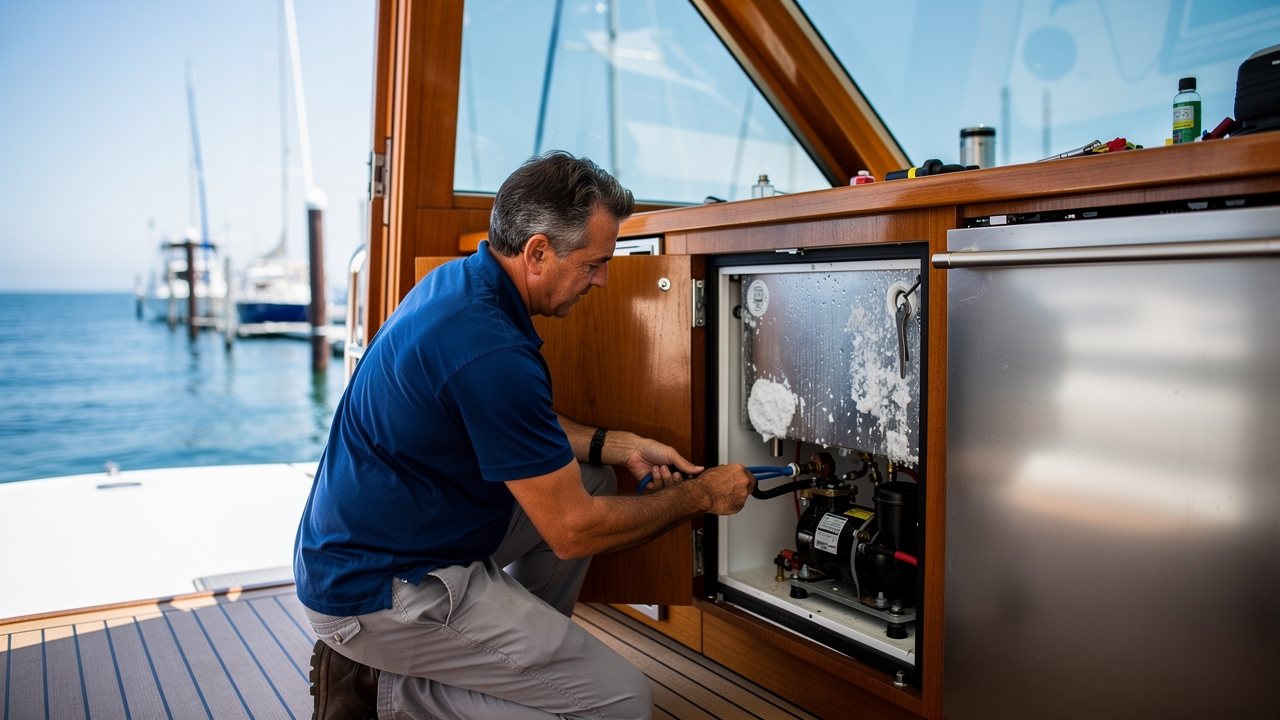 Marine technician servicing a boat refrigerator compressor in a yacht galley at a San Diego dock