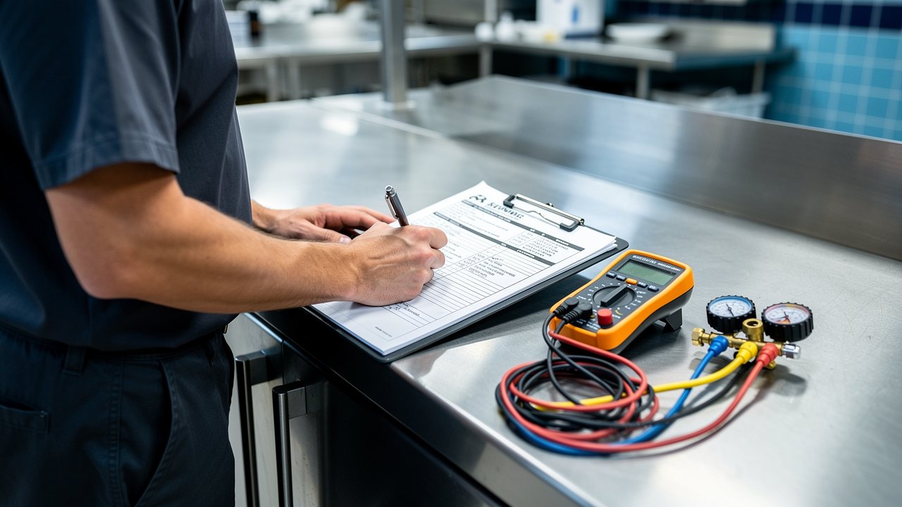 Technician writing a refrigeration repair estimate on a commercial refrigerator in a restaurant kitchen
