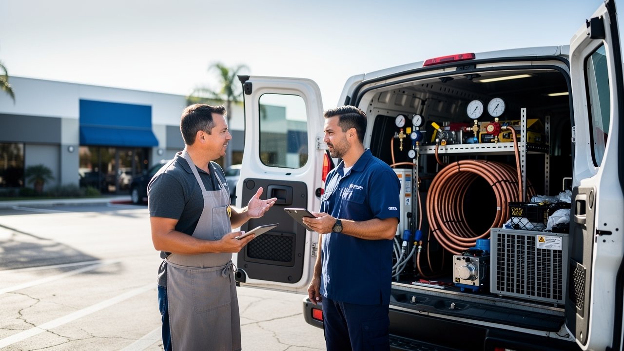 Coast 2 Coast refrigeration technician speaking with a small business owner beside a service van in San Diego