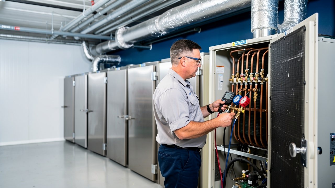 Technician checking refrigerant pressures on a grocery store walk-in cooler condensing unit